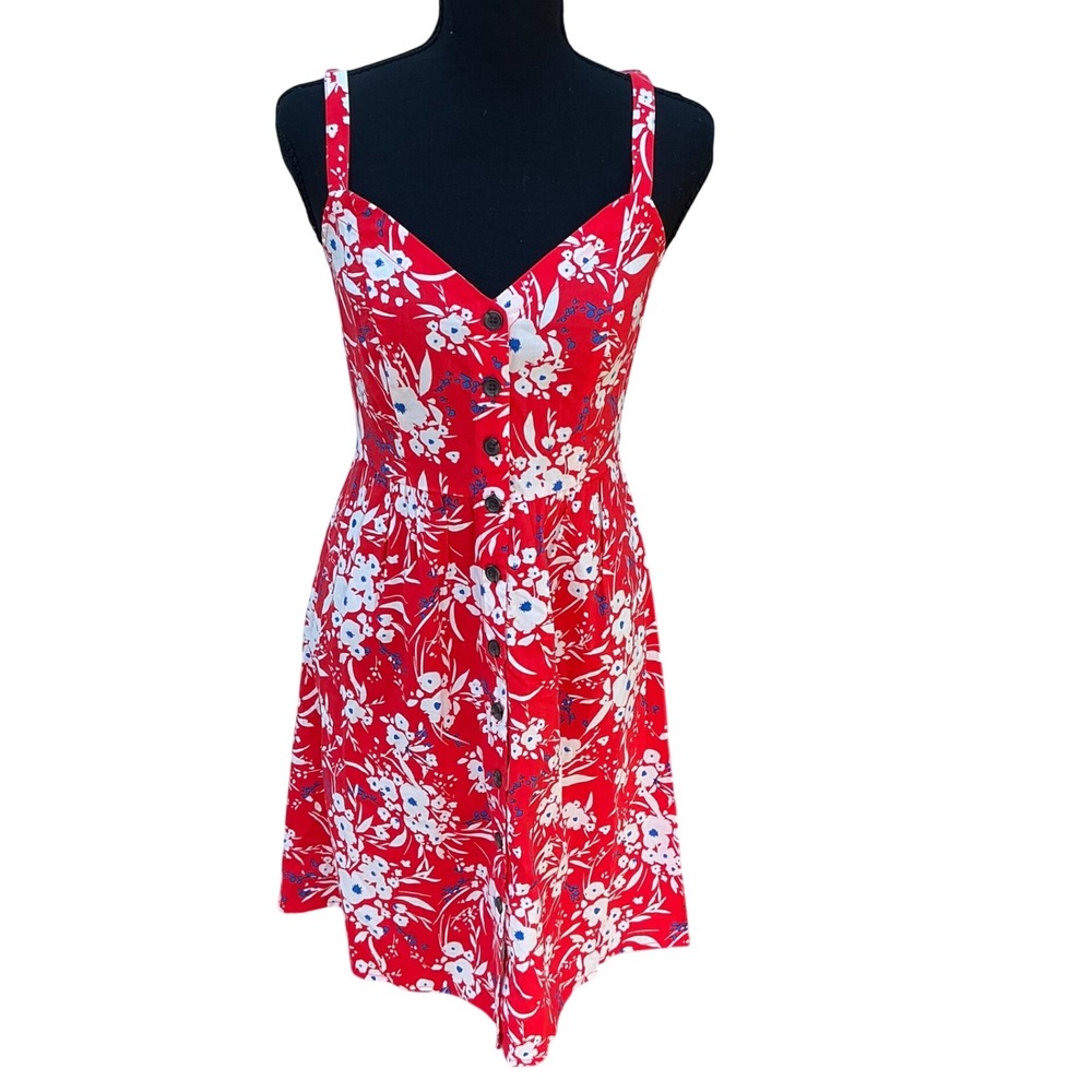 Banana‎ Republic Red Floral Button Front Mini Dress XS Cotton Viscose sundress